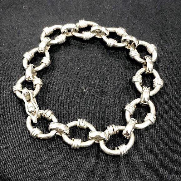TAXCO Sterling Silver Rolo Link Bracelet With Decorative Striations - Picture 1 of 10